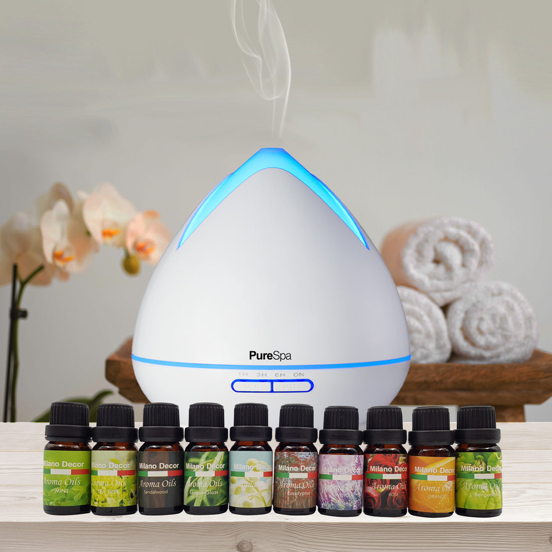 Purespa Diffuser Set With 10 Pack Diffuser Oils Humidifier Aromatherapy - White-Aroma Diffusers &amp; Humidifiers-PEROZ Accessories