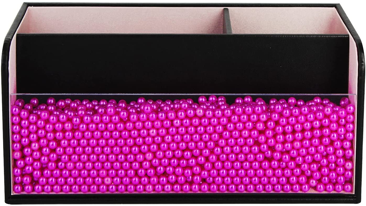 Leather Makeup Brush Cosmetic Organiser Storage Box with Pink Pearls, Acrylic Cover and 3 Compartments(Black)-Health &amp; Beauty &gt; Cosmetic Storage-PEROZ Accessories