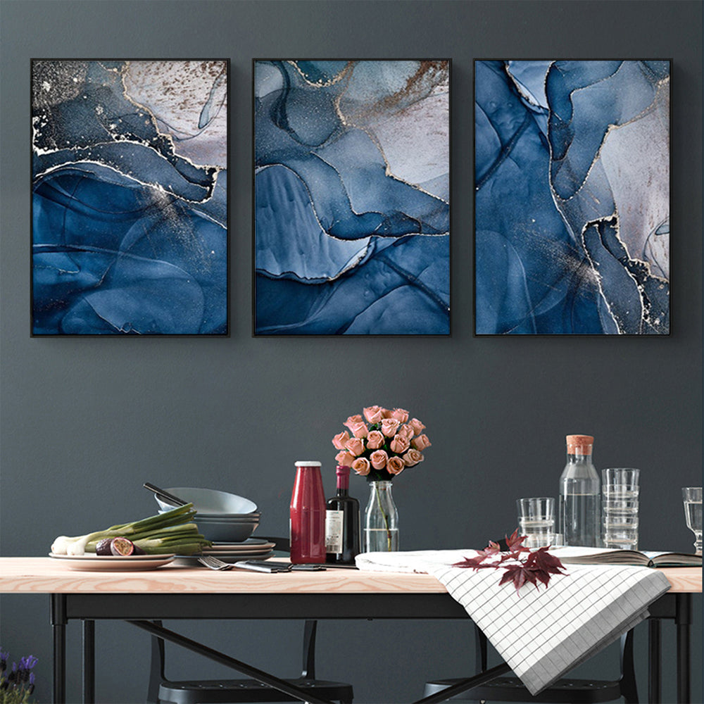 60cmx90cm Blue Gold Marble 3 Sets Black Frame Canvas Wall Art-Home &amp; Garden &gt; Wall Art-PEROZ Accessories