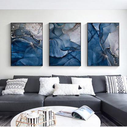 60cmx90cm Blue Gold Marble 3 Sets Black Frame Canvas Wall Art-Home &amp; Garden &gt; Wall Art-PEROZ Accessories