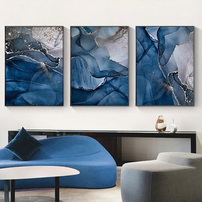 60cmx90cm Blue Gold Marble 3 Sets Black Frame Canvas Wall Art-Home &amp; Garden &gt; Wall Art-PEROZ Accessories