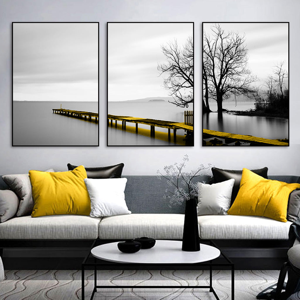 50cmx70cm Calm Lake Bridge Tree Scene 3 Sets Black Frame Canvas Wall Art-Home &amp; Garden &gt; Wall Art-PEROZ Accessories