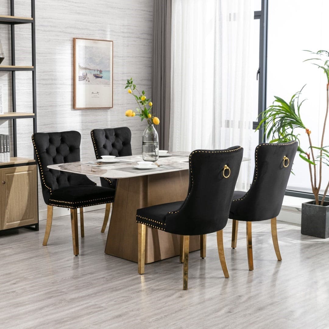 4x Velvet Dining Chairs with Golden Metal Legs-Black-Furniture &gt; Bar Stools &amp; Chairs-PEROZ Accessories