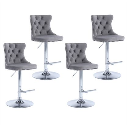 4x Height Adjustable Swivel Bar Stool Velvet Stud Barstool with Footrest and Chromed Base- Gray-Furniture &gt; Bar Stools &amp; Chairs-PEROZ Accessories