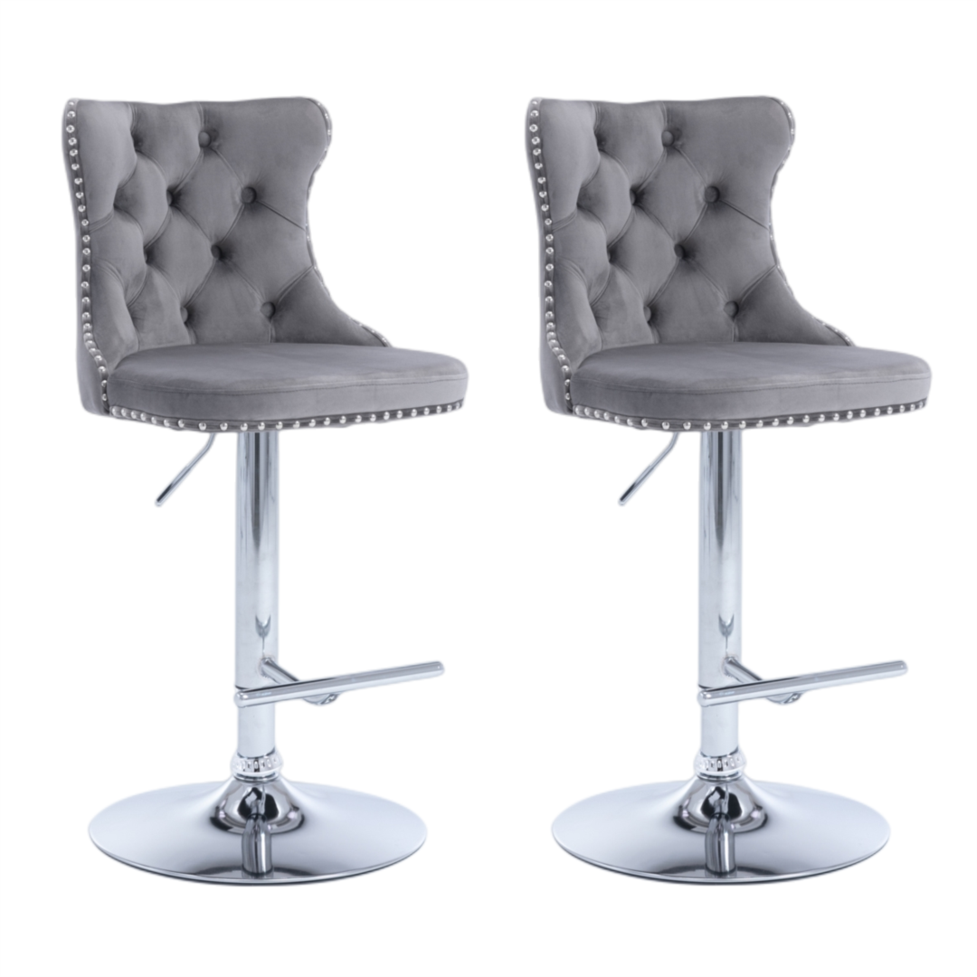 4x Height Adjustable Swivel Bar Stool Velvet Stud Barstool with Footrest and Chromed Base- Gray-Furniture &gt; Bar Stools &amp; Chairs-PEROZ Accessories