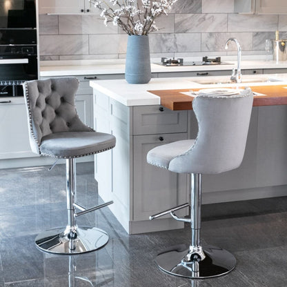 4x Height Adjustable Swivel Bar Stool Velvet Stud Barstool with Footrest and Chromed Base- Gray-Furniture &gt; Bar Stools &amp; Chairs-PEROZ Accessories