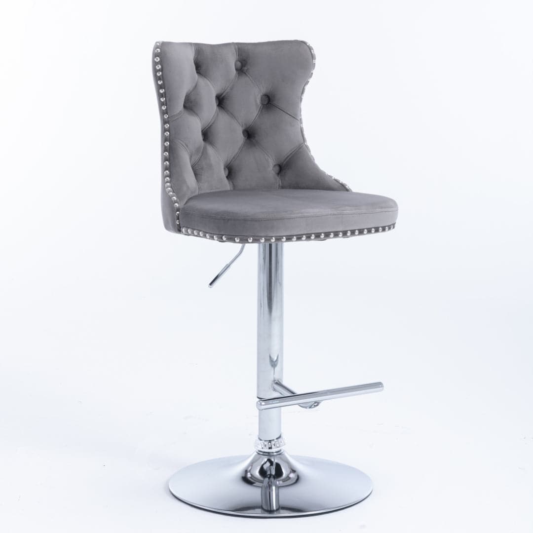 4x Height Adjustable Swivel Bar Stool Velvet Stud Barstool with Footrest and Chromed Base- Gray-Furniture &gt; Bar Stools &amp; Chairs-PEROZ Accessories