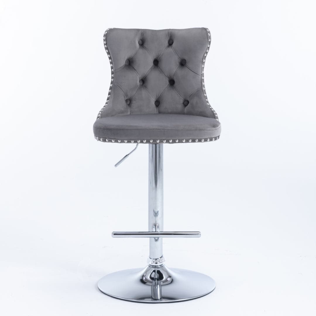 4x Height Adjustable Swivel Bar Stool Velvet Stud Barstool with Footrest and Chromed Base- Gray-Furniture &gt; Bar Stools &amp; Chairs-PEROZ Accessories