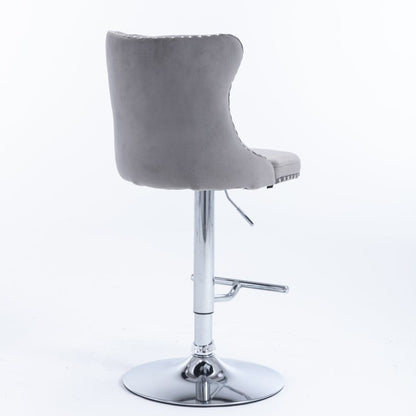 4x Height Adjustable Swivel Bar Stool Velvet Stud Barstool with Footrest and Chromed Base- Gray-Furniture &gt; Bar Stools &amp; Chairs-PEROZ Accessories