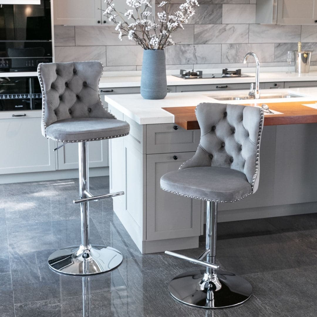 4x Height Adjustable Swivel Bar Stool Velvet Stud Barstool with Footrest and Chromed Base- Gray-Furniture &gt; Bar Stools &amp; Chairs-PEROZ Accessories