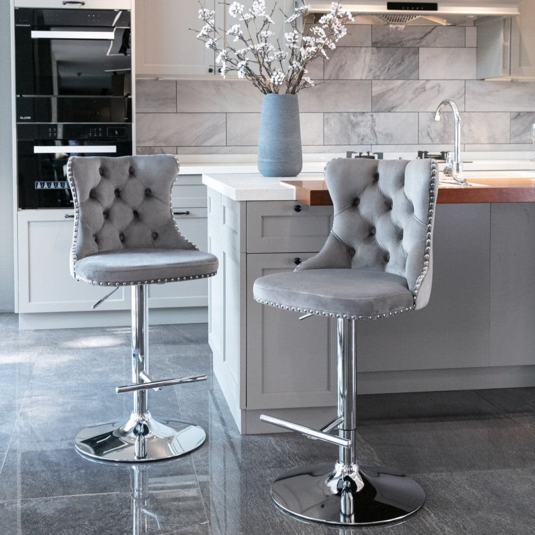 4x Height Adjustable Swivel Bar Stool Velvet Stud Barstool with Footrest and Chromed Base- Gray-Furniture &gt; Bar Stools &amp; Chairs-PEROZ Accessories