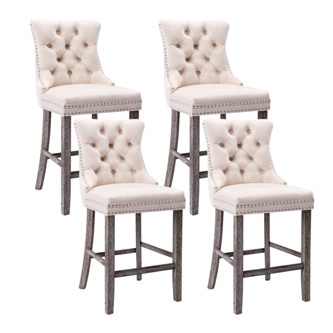 4X Velvet Bar Stools with Studs Trim Wooden Legs Tufted Dining Chairs Kitchen-Furniture &gt; Bar Stools &amp; Chairs-PEROZ Accessories