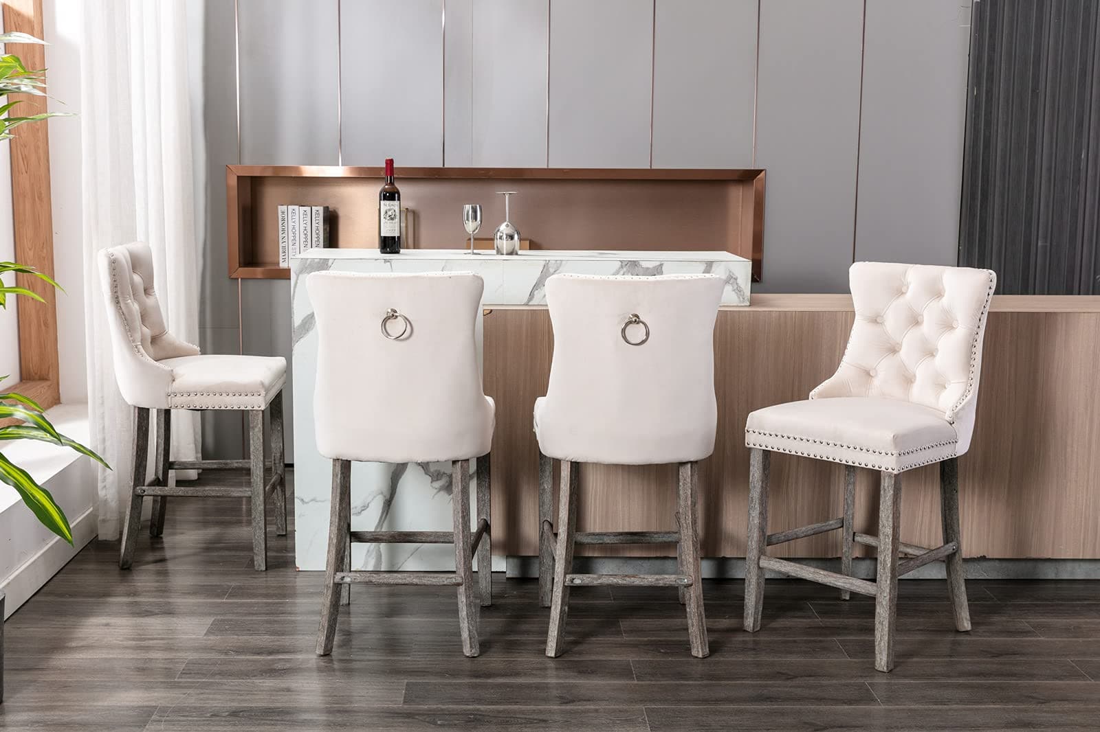 4X Velvet Bar Stools with Studs Trim Wooden Legs Tufted Dining Chairs Kitchen-Furniture &gt; Bar Stools &amp; Chairs-PEROZ Accessories