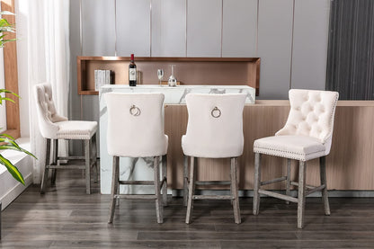 4X Velvet Bar Stools with Studs Trim Wooden Legs Tufted Dining Chairs Kitchen-Furniture &gt; Bar Stools &amp; Chairs-PEROZ Accessories