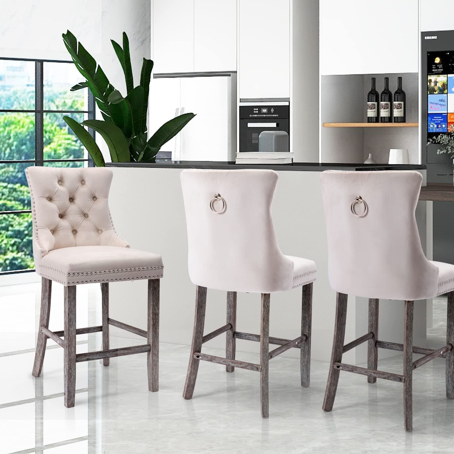 4X Velvet Bar Stools with Studs Trim Wooden Legs Tufted Dining Chairs Kitchen-Furniture &gt; Bar Stools &amp; Chairs-PEROZ Accessories