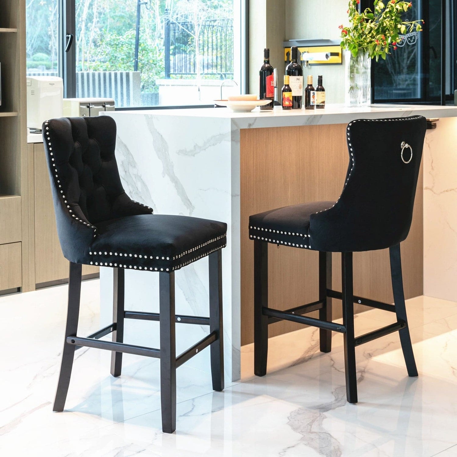 4X Velvet Bar Stools with Studs Trim Wooden Legs Tufted Dining Chairs Kitchen-Furniture &gt; Bar Stools &amp; Chairs-PEROZ Accessories