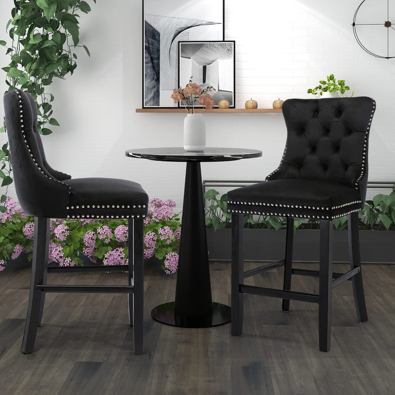 4X Velvet Bar Stools with Studs Trim Wooden Legs Tufted Dining Chairs Kitchen-Furniture &gt; Bar Stools &amp; Chairs-PEROZ Accessories