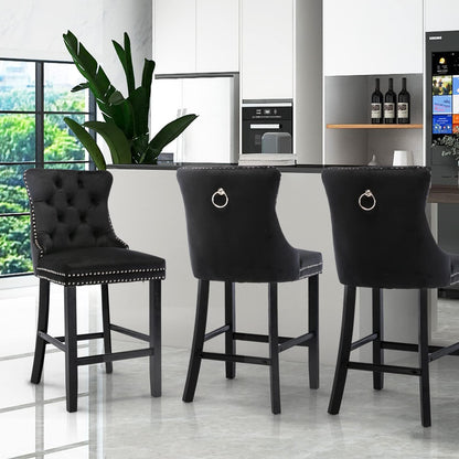 4X Velvet Bar Stools with Studs Trim Wooden Legs Tufted Dining Chairs Kitchen-Furniture &gt; Bar Stools &amp; Chairs-PEROZ Accessories