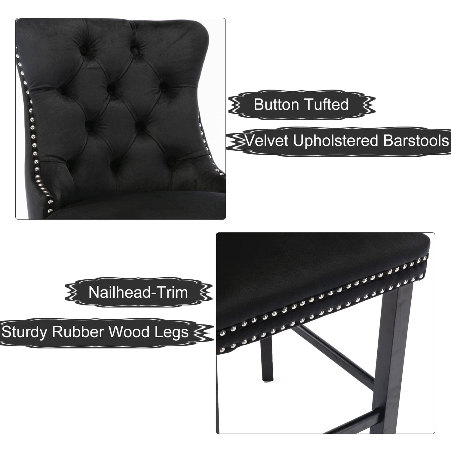 4X Velvet Bar Stools with Studs Trim Wooden Legs Tufted Dining Chairs Kitchen-Furniture &gt; Bar Stools &amp; Chairs-PEROZ Accessories