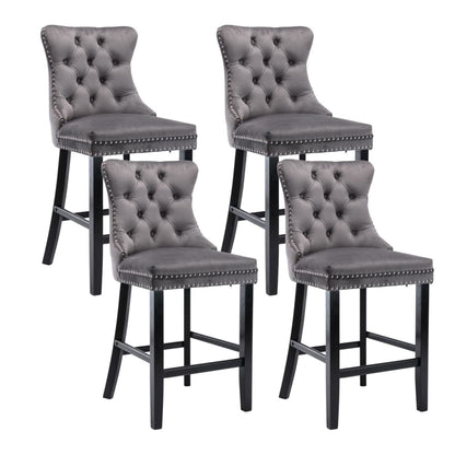 4X Velvet Bar Stools with Studs Trim Wooden Legs Tufted Dining Chairs Kitchen-Furniture &gt; Bar Stools &amp; Chairs-PEROZ Accessories