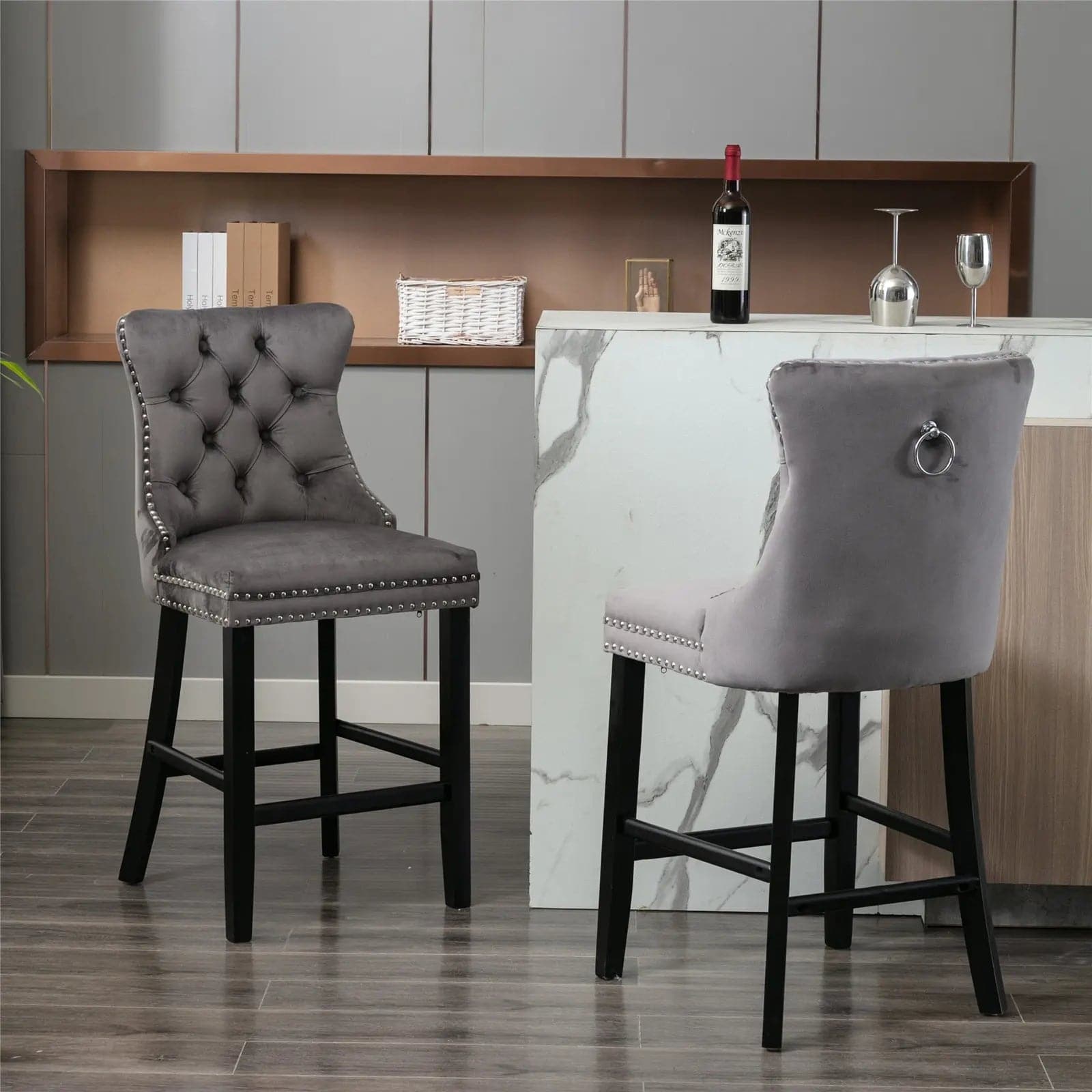 4X Velvet Bar Stools with Studs Trim Wooden Legs Tufted Dining Chairs Kitchen-Furniture &gt; Bar Stools &amp; Chairs-PEROZ Accessories