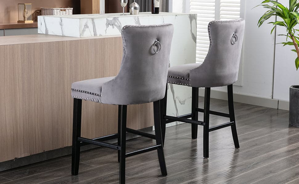 4X Velvet Bar Stools with Studs Trim Wooden Legs Tufted Dining Chairs Kitchen-Furniture &gt; Bar Stools &amp; Chairs-PEROZ Accessories