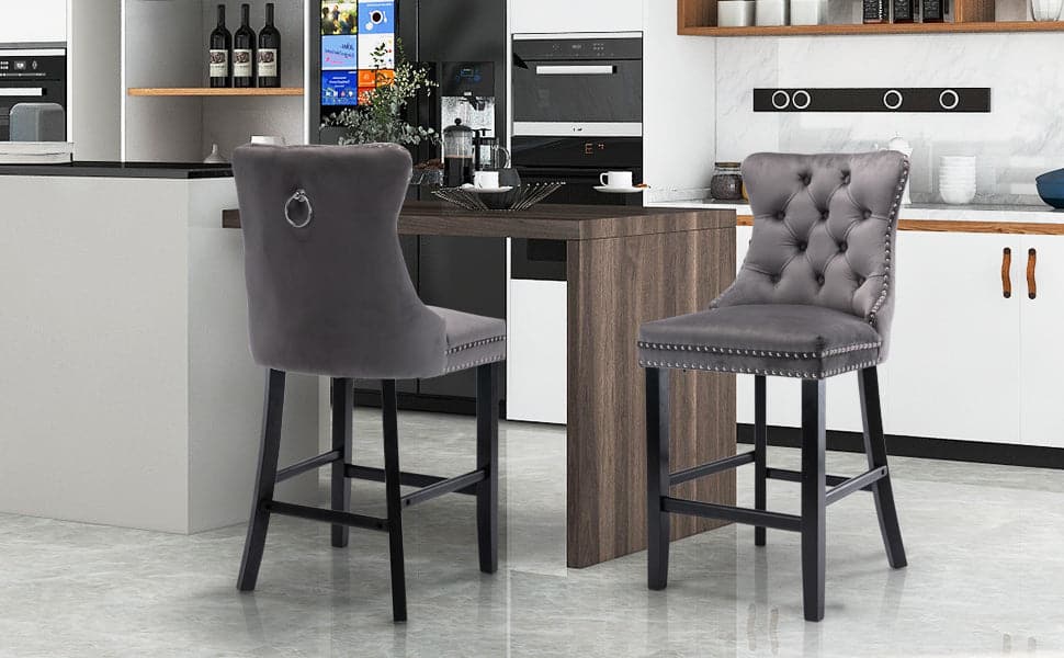 4X Velvet Bar Stools with Studs Trim Wooden Legs Tufted Dining Chairs Kitchen-Furniture &gt; Bar Stools &amp; Chairs-PEROZ Accessories