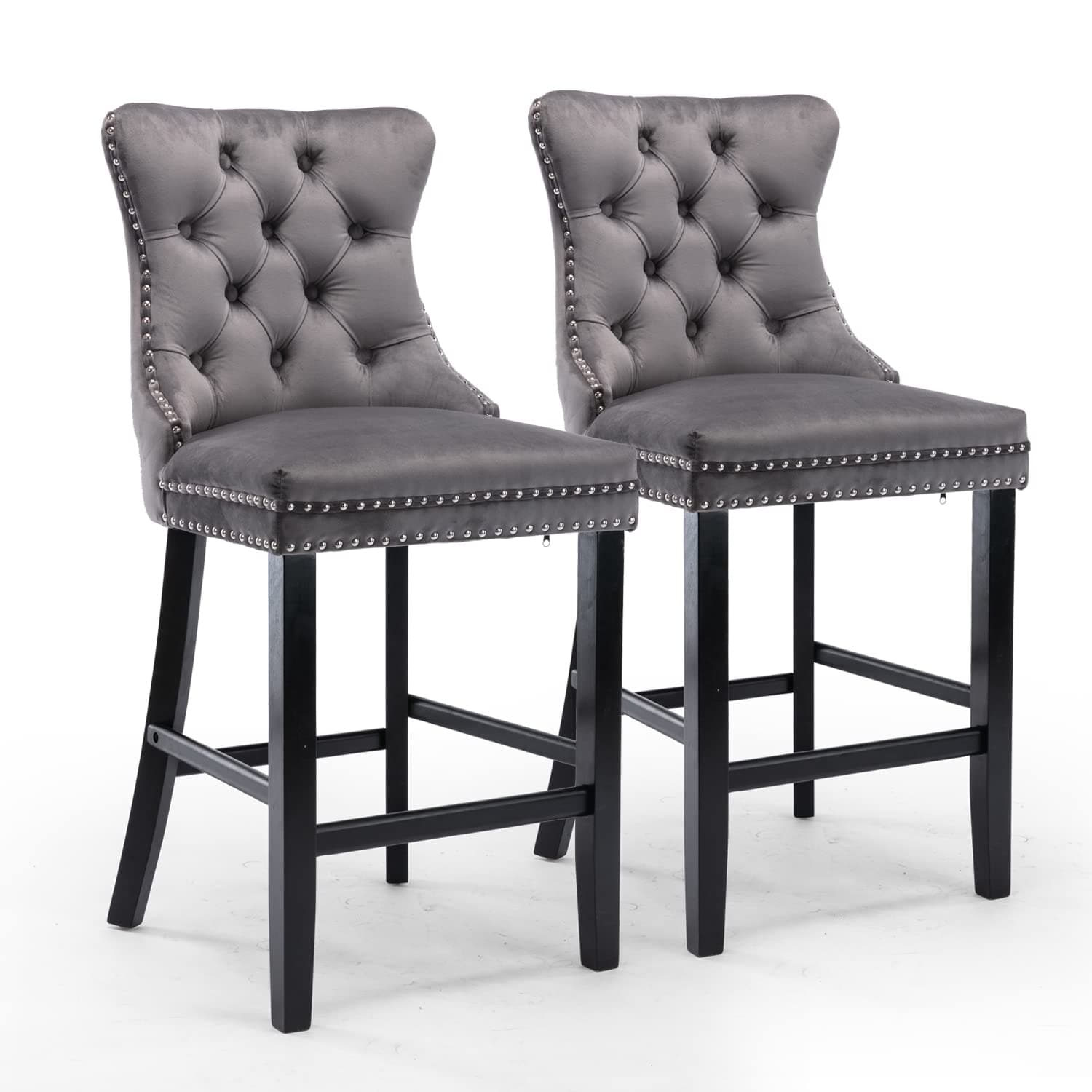 4X Velvet Bar Stools with Studs Trim Wooden Legs Tufted Dining Chairs Kitchen-Furniture &gt; Bar Stools &amp; Chairs-PEROZ Accessories