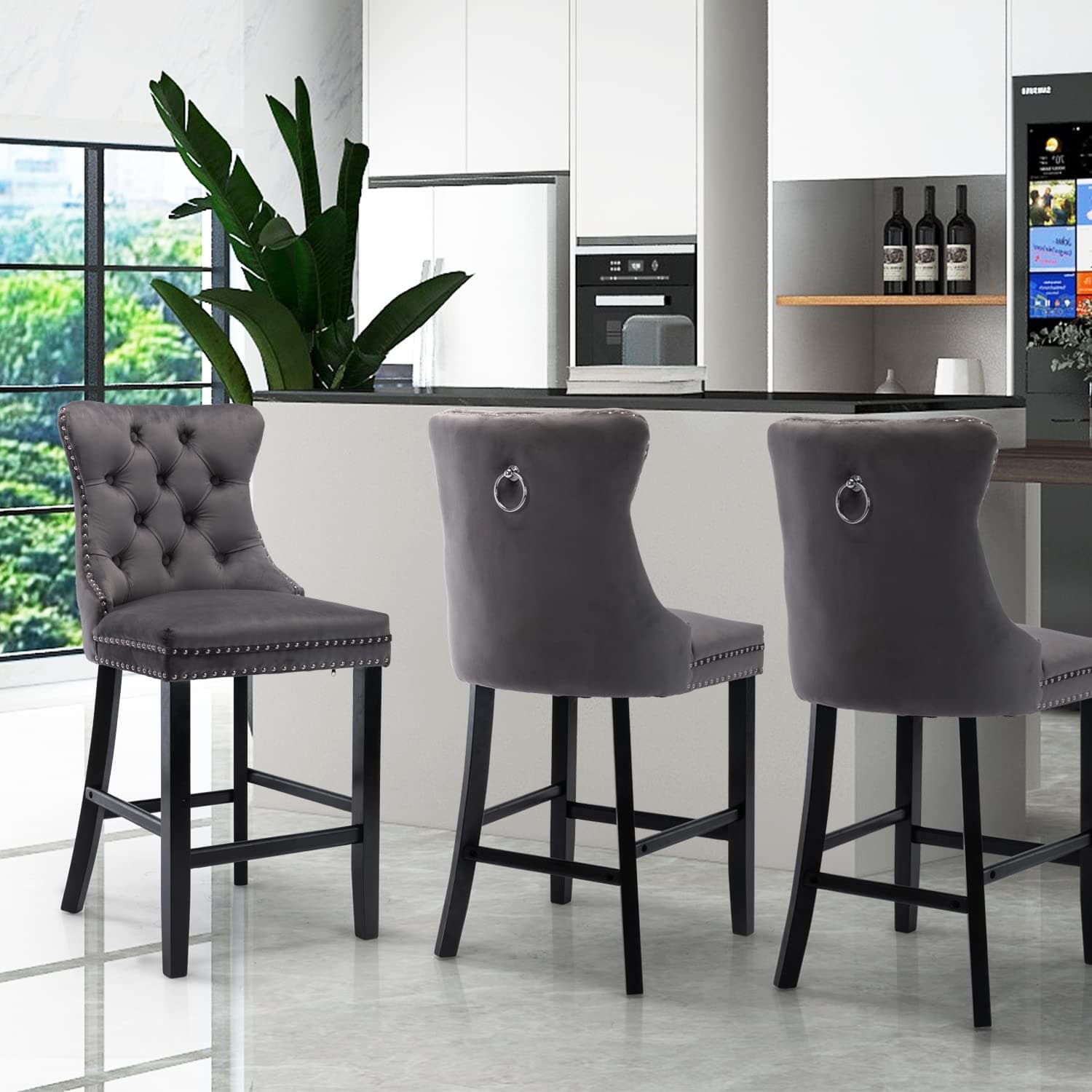 4X Velvet Bar Stools with Studs Trim Wooden Legs Tufted Dining Chairs Kitchen-Furniture &gt; Bar Stools &amp; Chairs-PEROZ Accessories