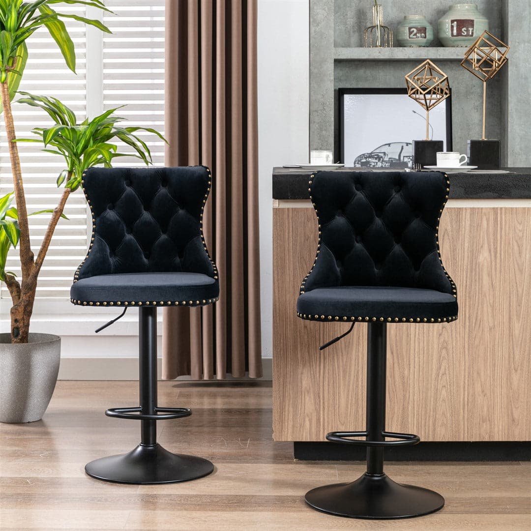 4x Height Adjustable Swivel Bar Stool Velvet Nailhead Barstool with Footrest-Furniture &gt; Bar Stools &amp; Chairs-PEROZ Accessories