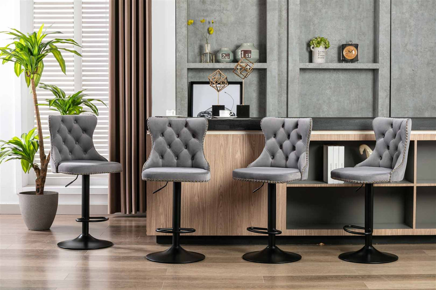 4x Height Adjustable Swivel Bar Stool Velvet Nailhead Barstool with Footrest-Furniture &gt; Bar Stools &amp; Chairs-PEROZ Accessories