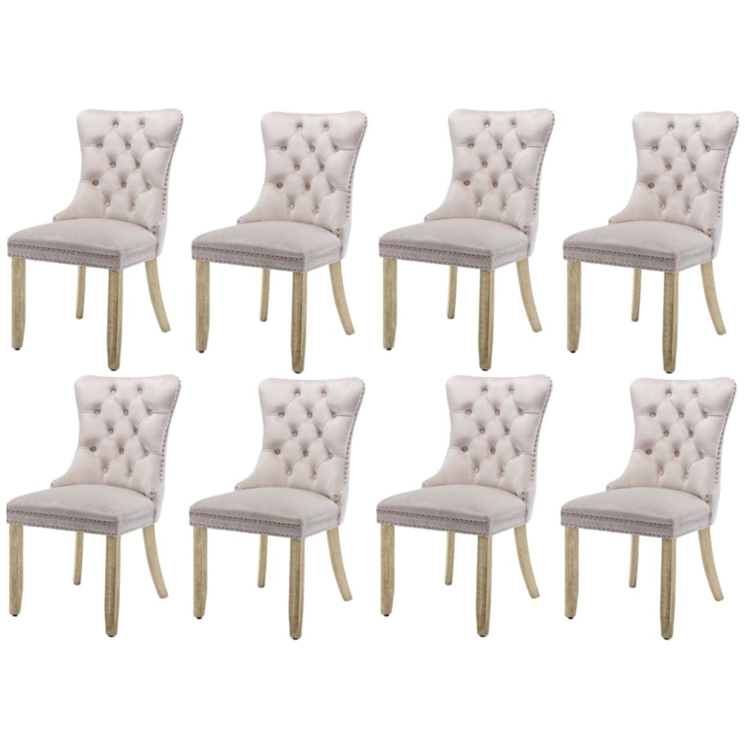 8x Velvet Dining Chairs Upholstered Tufted Kithcen Chair with Solid Wood Legs Stud Trim and Ring-Beige-Furniture &gt; Bar Stools &amp; Chairs-PEROZ Accessories