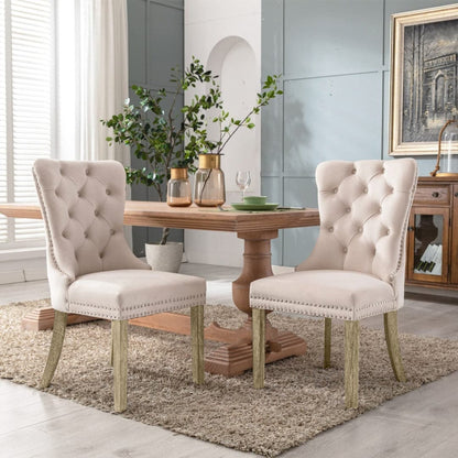 8x Velvet Dining Chairs Upholstered Tufted Kithcen Chair with Solid Wood Legs Stud Trim and Ring-Beige-Furniture &gt; Bar Stools &amp; Chairs-PEROZ Accessories