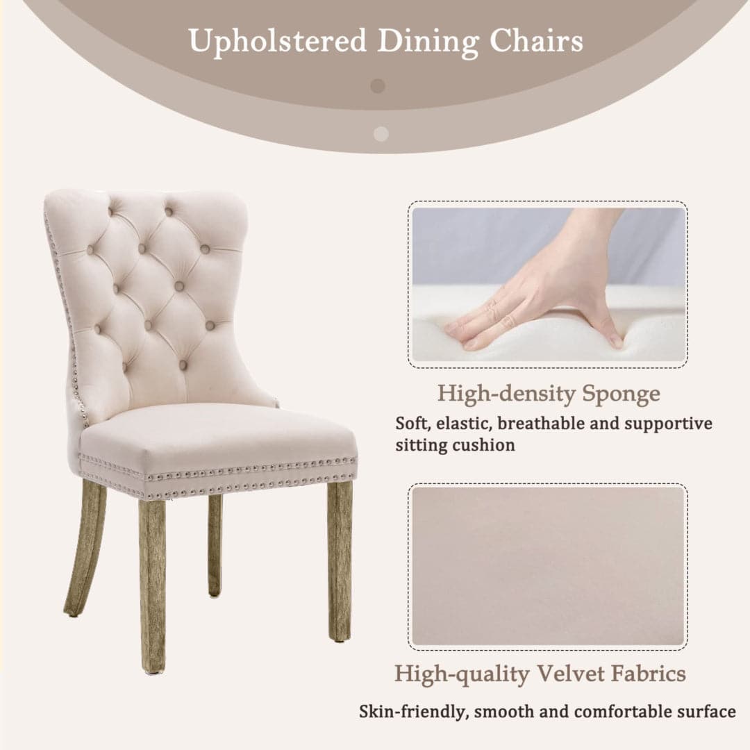 8x Velvet Dining Chairs Upholstered Tufted Kithcen Chair with Solid Wood Legs Stud Trim and Ring-Beige-Furniture &gt; Bar Stools &amp; Chairs-PEROZ Accessories