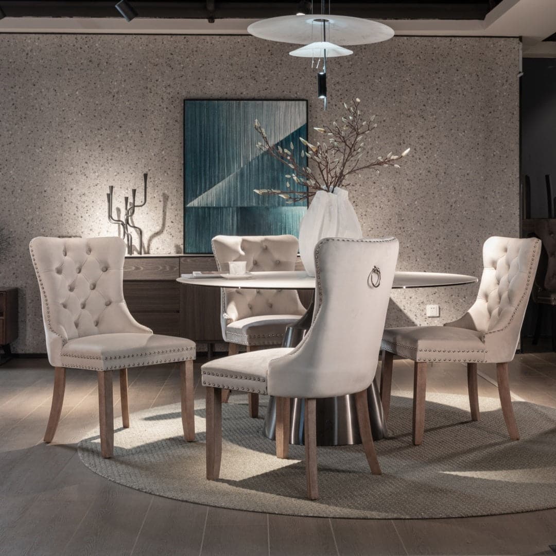 8x Velvet Dining Chairs Upholstered Tufted Kithcen Chair with Solid Wood Legs Stud Trim and Ring-Beige-Furniture &gt; Bar Stools &amp; Chairs-PEROZ Accessories