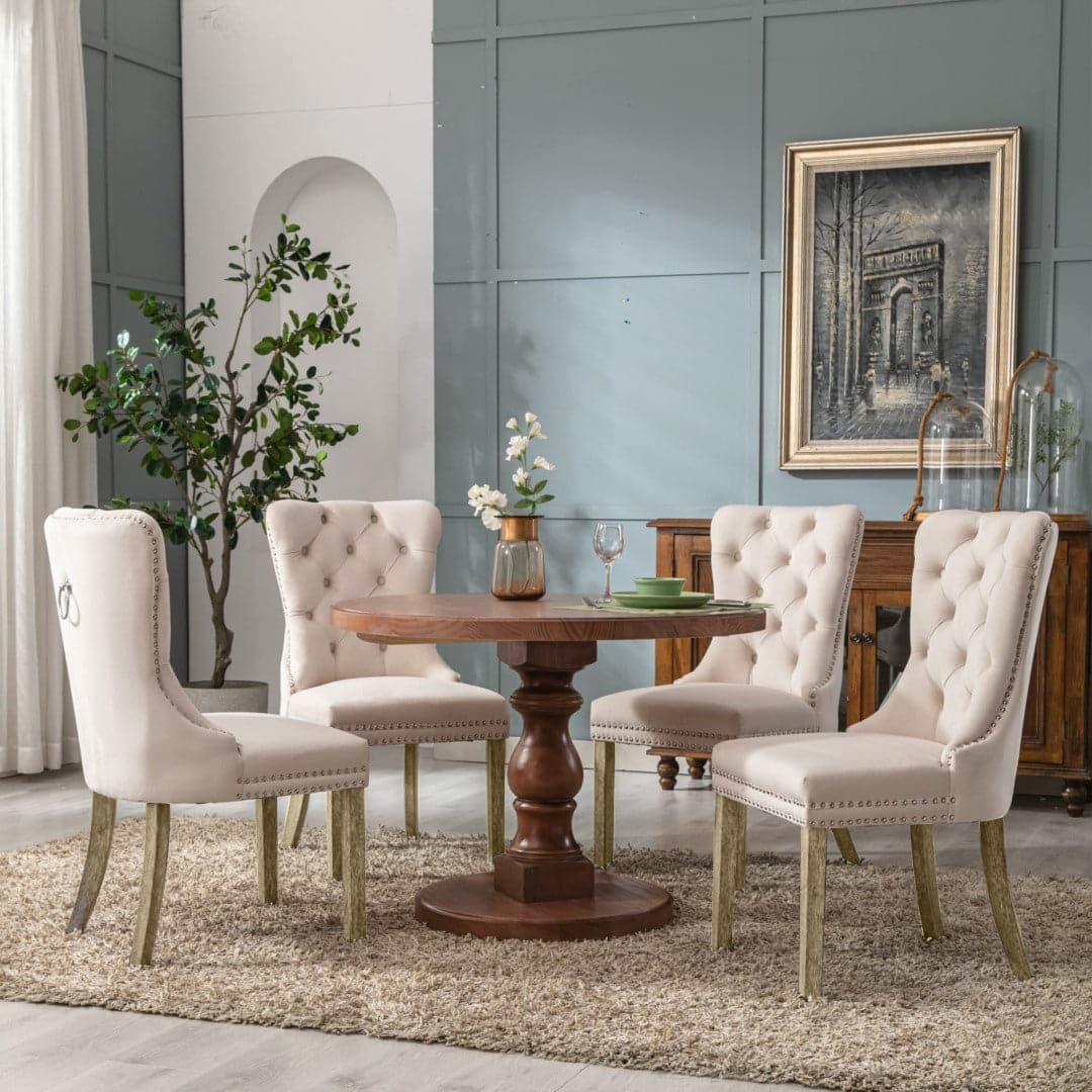 8x Velvet Dining Chairs Upholstered Tufted Kithcen Chair with Solid Wood Legs Stud Trim and Ring-Beige-Furniture &gt; Bar Stools &amp; Chairs-PEROZ Accessories