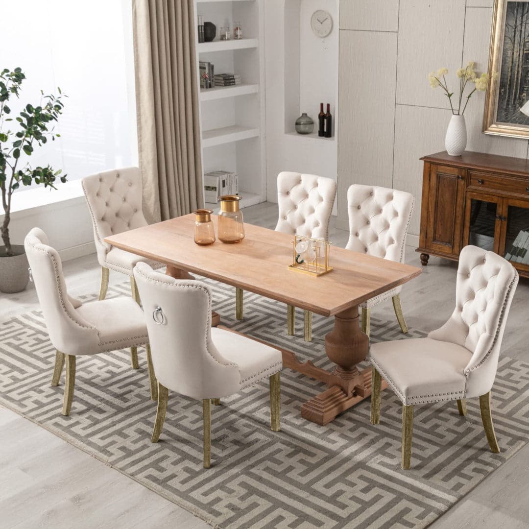 8x Velvet Dining Chairs Upholstered Tufted Kithcen Chair with Solid Wood Legs Stud Trim and Ring-Beige-Furniture &gt; Bar Stools &amp; Chairs-PEROZ Accessories