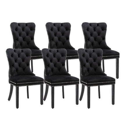 6x Velvet Dining Chairs Upholstered Tufted Kithcen Chair with Solid Wood Legs Stud Trim and Ring-Black-Furniture &gt; Bar Stools &amp; Chairs-PEROZ Accessories