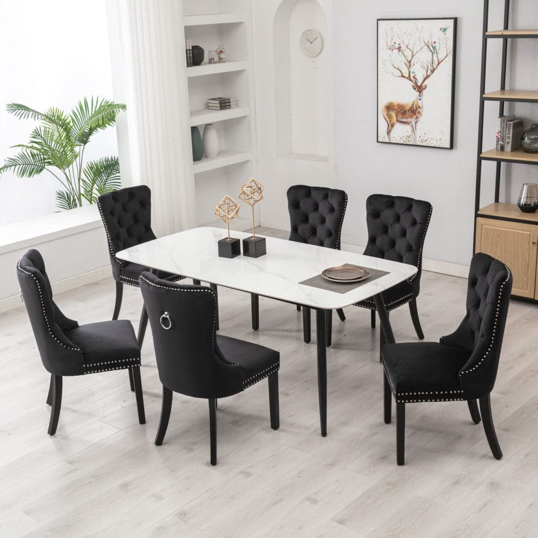 6x Velvet Dining Chairs Upholstered Tufted Kithcen Chair with Solid Wood Legs Stud Trim and Ring-Black-Furniture &gt; Bar Stools &amp; Chairs-PEROZ Accessories