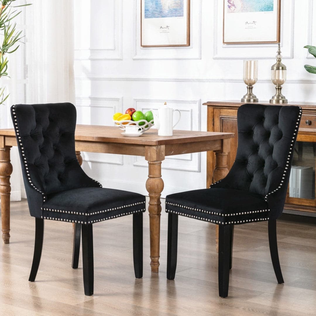 6x Velvet Dining Chairs Upholstered Tufted Kithcen Chair with Solid Wood Legs Stud Trim and Ring-Black-Furniture &gt; Bar Stools &amp; Chairs-PEROZ Accessories