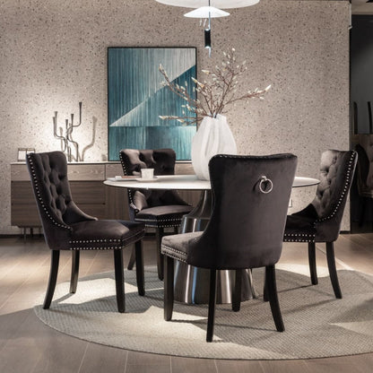 6x Velvet Dining Chairs Upholstered Tufted Kithcen Chair with Solid Wood Legs Stud Trim and Ring-Black-Furniture &gt; Bar Stools &amp; Chairs-PEROZ Accessories