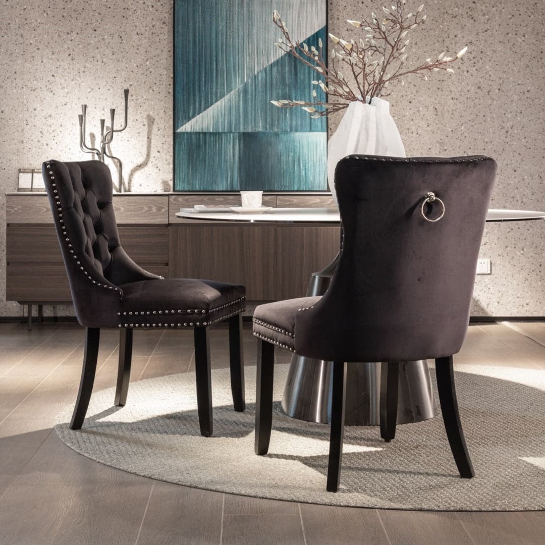 6x Velvet Dining Chairs Upholstered Tufted Kithcen Chair with Solid Wood Legs Stud Trim and Ring-Black-Furniture &gt; Bar Stools &amp; Chairs-PEROZ Accessories