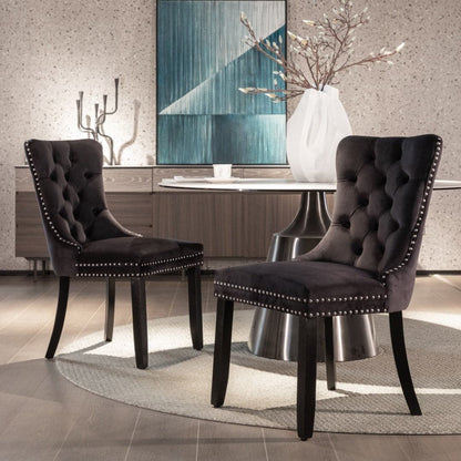 6x Velvet Dining Chairs Upholstered Tufted Kithcen Chair with Solid Wood Legs Stud Trim and Ring-Black-Furniture &gt; Bar Stools &amp; Chairs-PEROZ Accessories