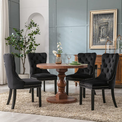 6x Velvet Dining Chairs Upholstered Tufted Kithcen Chair with Solid Wood Legs Stud Trim and Ring-Black-Furniture &gt; Bar Stools &amp; Chairs-PEROZ Accessories