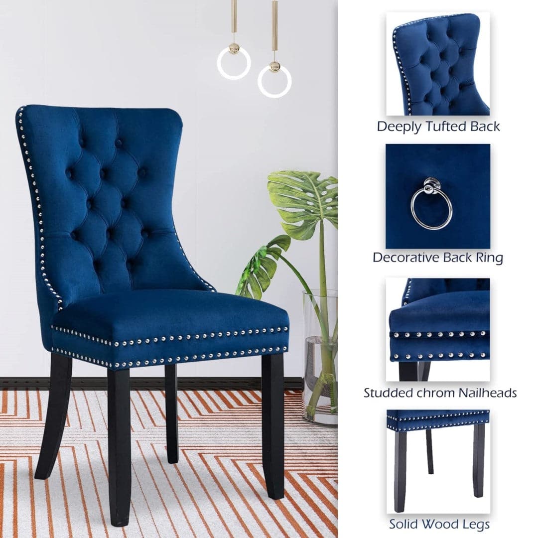 8x Velvet Dining Chairs Upholstered Tufted Kithcen Chair with Solid Wood Legs Stud Trim and Ring-Blue-Furniture &gt; Bar Stools &amp; Chairs-PEROZ Accessories