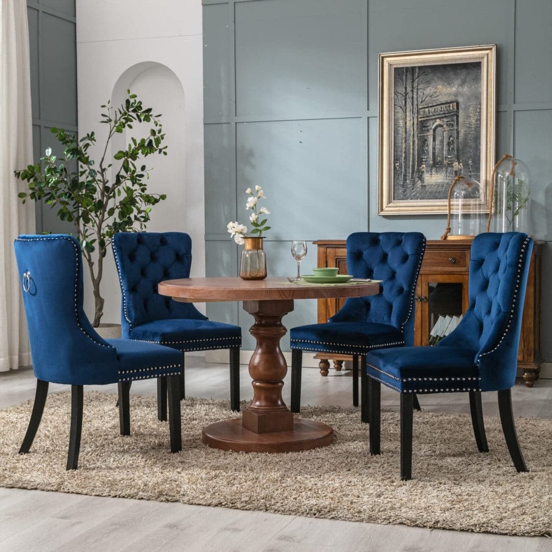 8x Velvet Dining Chairs Upholstered Tufted Kithcen Chair with Solid Wood Legs Stud Trim and Ring-Blue-Furniture &gt; Bar Stools &amp; Chairs-PEROZ Accessories