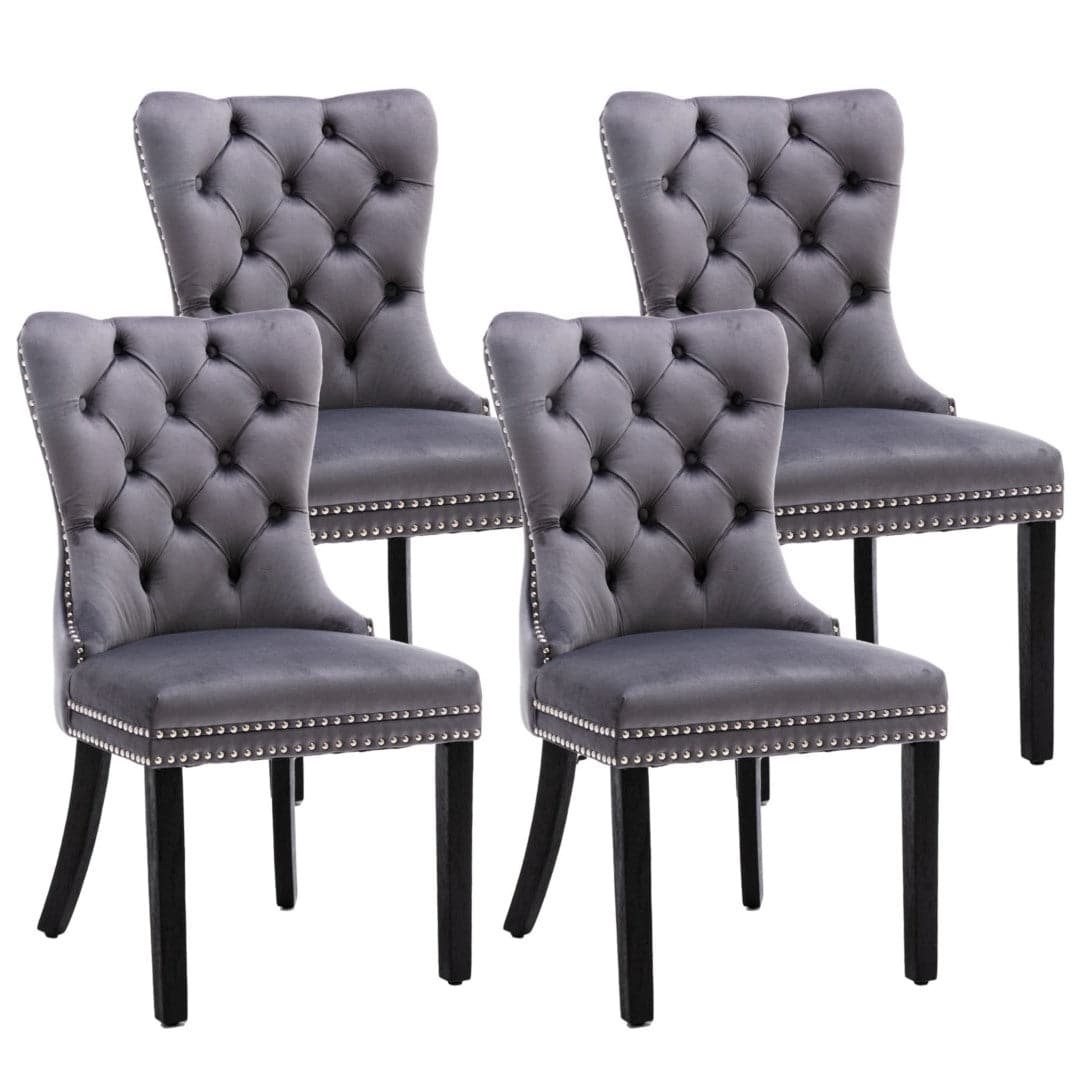 4x Velvet Dining Chairs Upholstered Tufted Kithcen Chair with Solid Wood Legs Stud Trim and Ring-Gray-Furniture &gt; Bar Stools &amp; Chairs-PEROZ Accessories