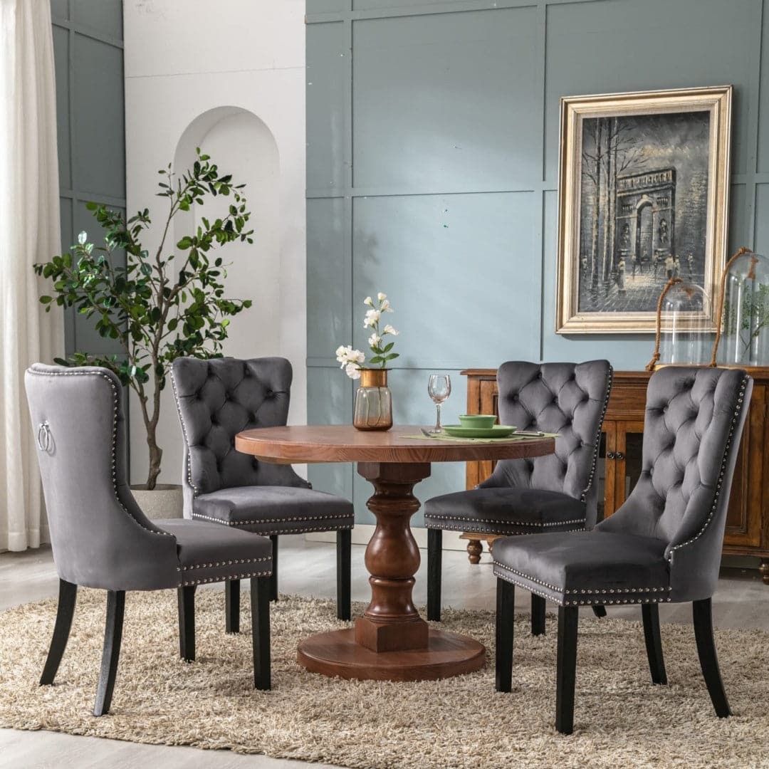 4x Velvet Dining Chairs Upholstered Tufted Kithcen Chair with Solid Wood Legs Stud Trim and Ring-Gray-Furniture &gt; Bar Stools &amp; Chairs-PEROZ Accessories