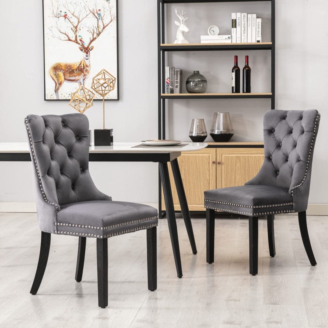 4x Velvet Dining Chairs Upholstered Tufted Kithcen Chair with Solid Wood Legs Stud Trim and Ring-Gray-Furniture &gt; Bar Stools &amp; Chairs-PEROZ Accessories