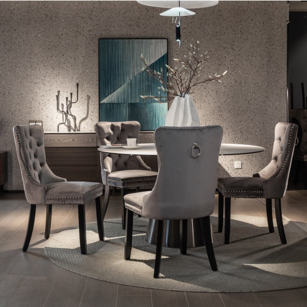 4x Velvet Dining Chairs Upholstered Tufted Kithcen Chair with Solid Wood Legs Stud Trim and Ring-Gray-Furniture &gt; Bar Stools &amp; Chairs-PEROZ Accessories